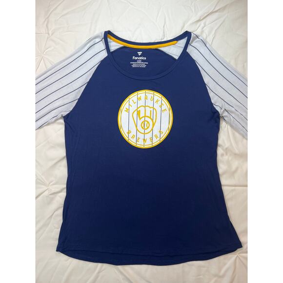 Milwaukee Brewers Women’s 3/4 Length Sleeve‎ Blue, Gold & White Stripes Mitt - Picture 1 of 8